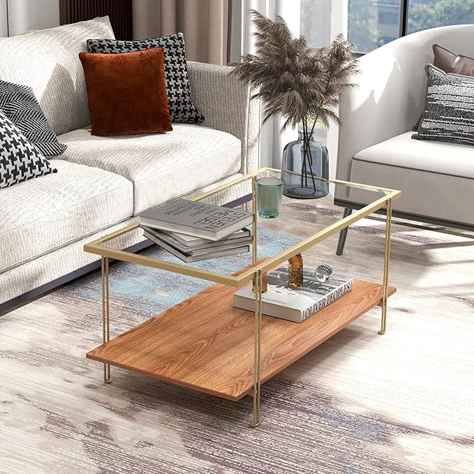 Tangkula Glass Coffee Table, 40In Mid Century 2 Tier Rectangle Coffee Table, Tempered Glass Top & Wood Storage Shelf, Steel Frame, Adjustable Feet, Modern Cocktail Accent Table for Living Room (Gold)