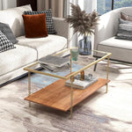 Load image into Gallery viewer, Tangkula Glass Coffee Table, 40In Mid Century 2 Tier Rectangle Coffee Table, Tempered Glass Top &amp; Wood Storage Shelf, Steel Frame, Adjustable Feet, Modern Cocktail Accent Table for Living Room (Gold)