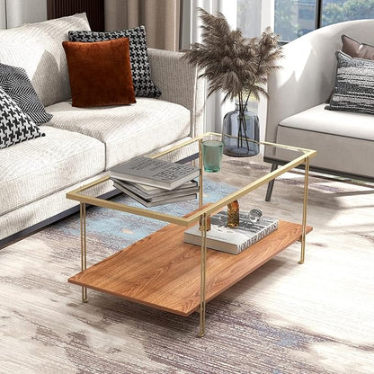 Tangkula Glass Coffee Table, 40In Mid Century 2 Tier Rectangle Coffee Table, Tempered Glass Top & Wood Storage Shelf, Steel Frame, Adjustable Feet, Modern Cocktail Accent Table for Living Room (Gold)