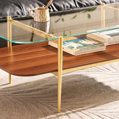 AGV LIGHTING Tadio Large Glass Coffee Table, Mid-Century Modern Coffee Table for Living Room, Gold Finish Leg, Clear Glass Top & Walnut Brown Shelf, 47 in Rrounded Corners