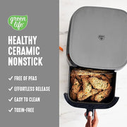 GreenLife Compact Electric Air Fryer Oven, 5.3 QT, PFAS-Free Ceramic Nonstick Drawer, 8 One Touch Digital Display, Easy View Window, Auto Shut-Off Timer, Dishwasher Safe Parts, 1500 Watts, Graphite