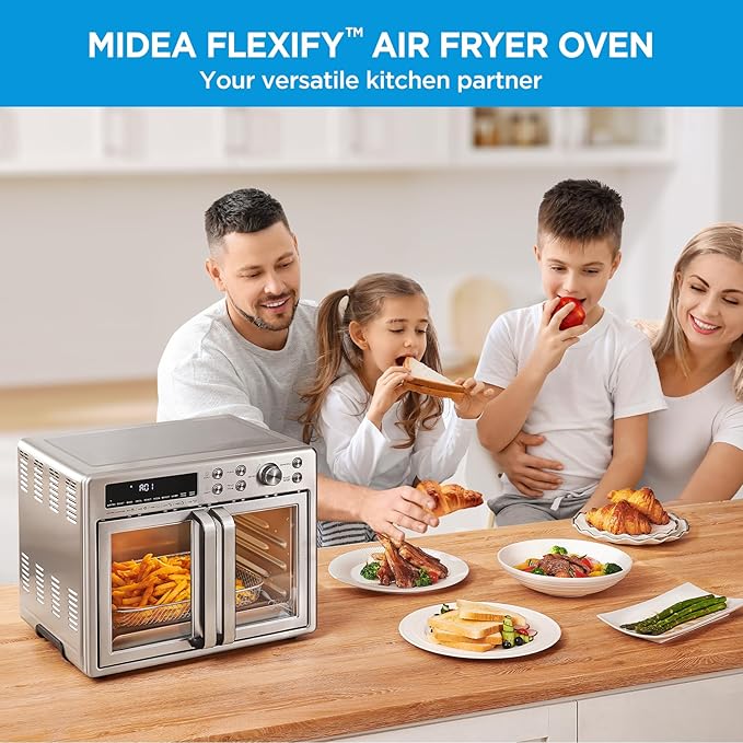Midea Flexify French Door Toaster Oven Air Fryer Combo, 26.4 QT, Extra Large Air Fryer Countertop Oven 10-in-1 Combo, 25% Faster Cooking and 90% Less Oil, Stainless Steel