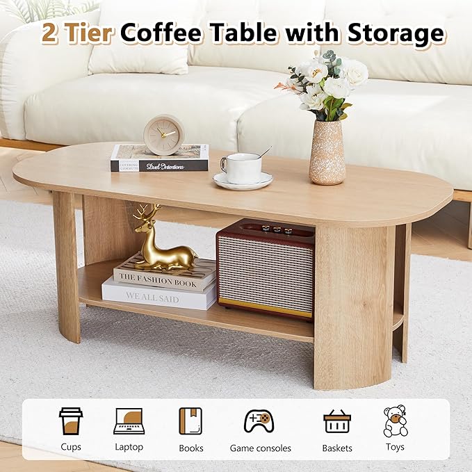 43.3” Oval Coffee Tables for Living Room, Wood Farmhouse Coffee Table with Storage, 2-Tier Center Table with Storage Shelf Low Tea Table for Small Space, Home, Office (Natural)