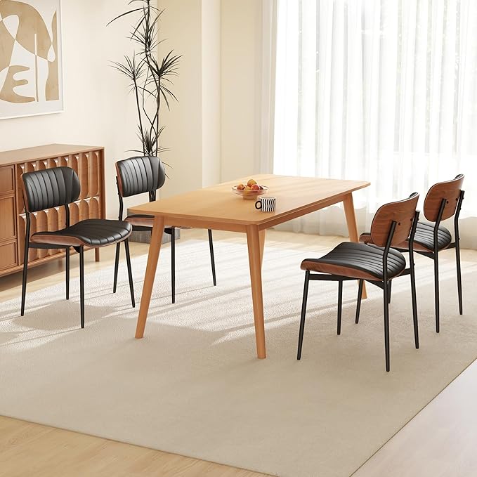 Modern PU Leather Dining Room Chairs Set of 2, Upholstered Kitchen Chairs with Walnut Bentwood Back and Metal Legs Adjustable Feet for Kitchen Dining Room(Balck)
