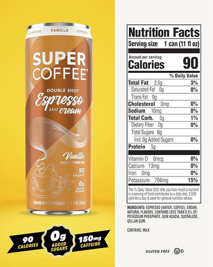 SUPER COFFEE Espresso, Iced Keto Coffee (0g Added Sugar, 90 Calories) [Vanilla] 11 Fl Oz, 12 Pack | Smart Coffee Drink - SoyFree GlutenFree