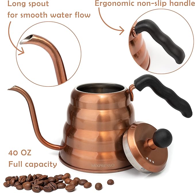 Mixpresso Gooseneck Pour Over Coffee Kettle, Barista Pour Control Design, High-Grade Stainless Steel 1.2 Liter Bundle With Bronze Stainless Steel Airtight Coffee Container with Date Tracker For Coffe