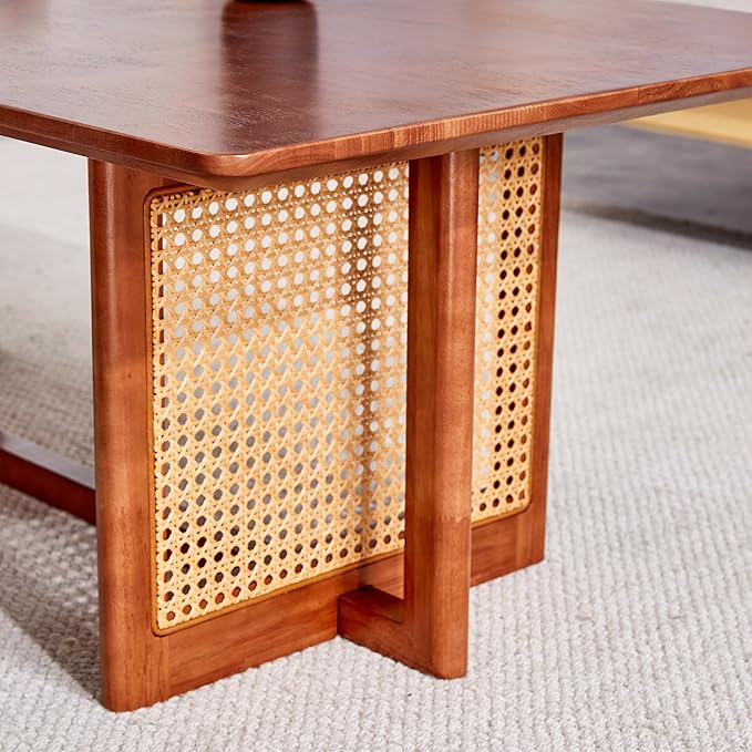 Mid Century Modern Wood Coffee Table with PE Rattan Stand, 47 Inch Rectangular Solid Wood Boho Coffe Table, Unique Center Cocktail Table for Livinig Room Apartment Office