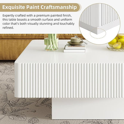 31.6 Inch Square Drum Coffee Table, Modern Handcraft Fluted Drum Coffee Table, Wooden Square Center Table Cocktail Table with Stable Pedestal for Living Room Apartment (White)