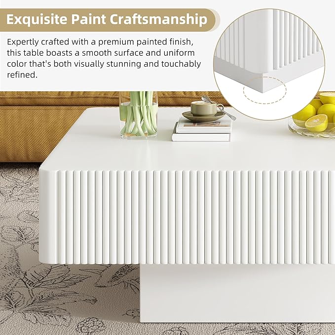 Square Coffee Table for Living Room, Accent Fluted Coffee Table with Storage, Modern Solid Wood Veneered Large Center Tea Table for Small Space Apartment (31.6''D×14''H-White)