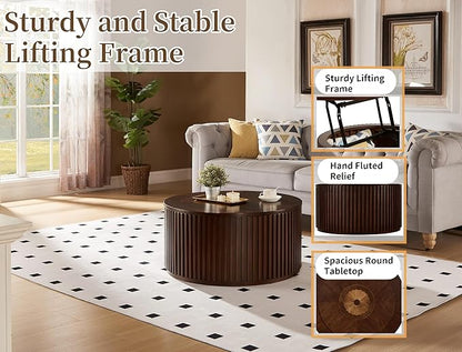 Round Coffee Table for Living Room, Lift Top Coffee Table with Large Storage Compartment, Wood Center Table for Office, No Need Assembly (31x31x16 in)
