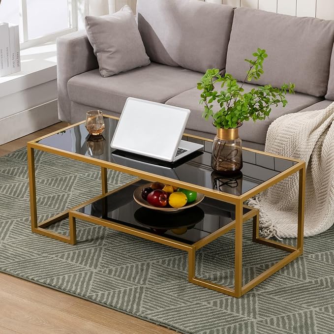 COSVALVE Simple Modern Glass 3-Piece Table Set, Includes Coffee Table and 2 End Tables, Brass