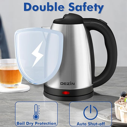 DEZIN Electric Kettle Upgraded, BPA Free 2L Stainless Steel Tea Kettle, Fast Boil Water Warmer with Auto Shut Off and Boil Dry Protection Tech for Coffee, Tea, Beverages
