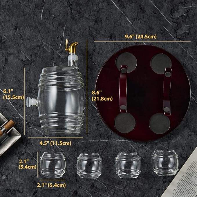 Whiskey Barrel Decanter Set for Home Bar, Unique Birthday Gifts for Men Dad, 1.3 Liter Barrel Liquor Dispenser with 4 Glasses for Bourbon, Scotch, Vodka, Tequila, Rum, Wine, Alcohol