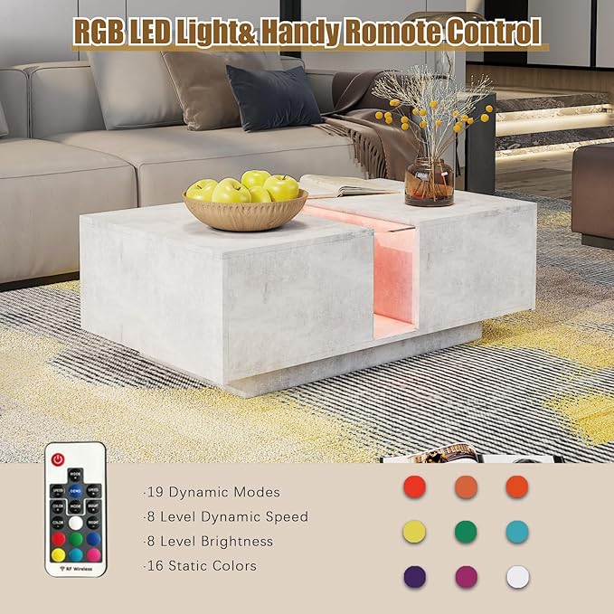 Grey Led Coffee Table for Living Room, Rectangular Living Room Table with Storage, Acrylic Coffee Tables with 2 Sliding Drawers, Wood Center Table for Reception Dinning Room