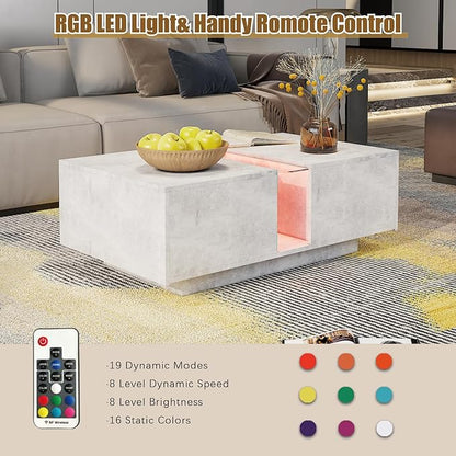 Grey Led Coffee Table for Living Room, Rectangular Living Room Table with Storage, Acrylic Coffee Tables with 2 Sliding Drawers, Wood Center Table for Reception Dinning Room