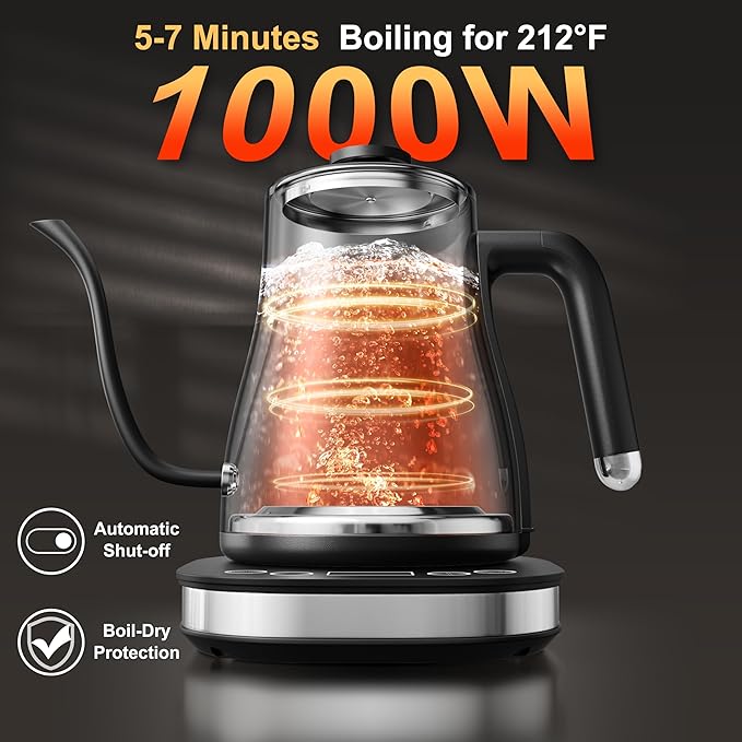 Stariver Gooseneck Electric Kettle with 5 Temperature Control Presets, Pour Over Coffee Kettle ±2℉ Temp Control, 1.2L Gooseneck Kettle, for Tea& Coffee, Stainless Steel Interior, 1000W, Black