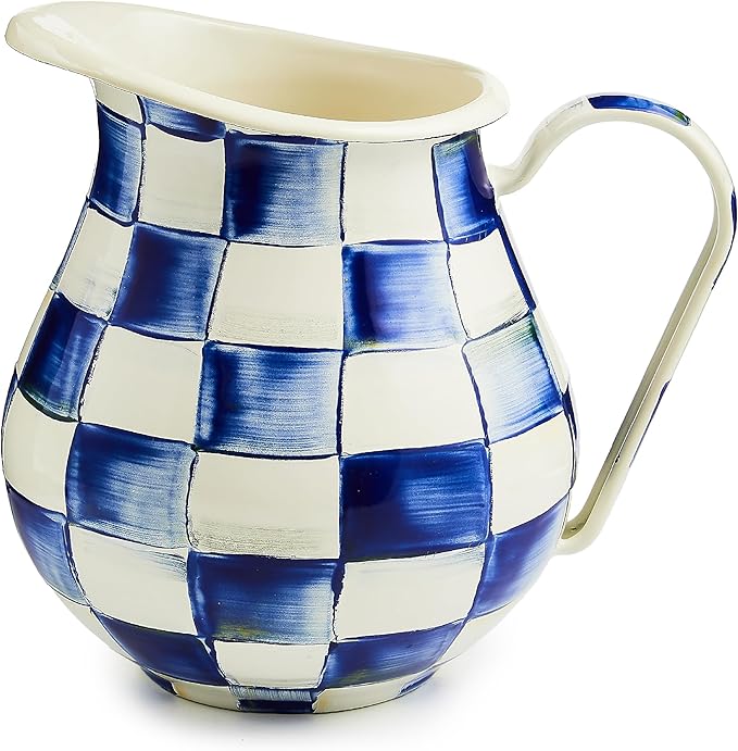 MACKENZIE-CHILDS Enamel Pitcher with Spout for Water, Cut Flowers, and Home Decor, 3 Quarts, Blue-and-White Royal Check
