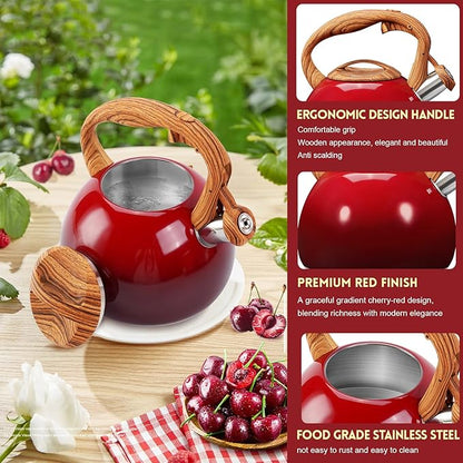 GGC Tea Kettle for Stove Top, 3.1QT/3L Whistling Tea Kettles for Boiling Water Coffee or Milk, Gradient Red Pot with Wood Parttern Handle, Stainless Steel Kettle Pot for Home and Kitchen