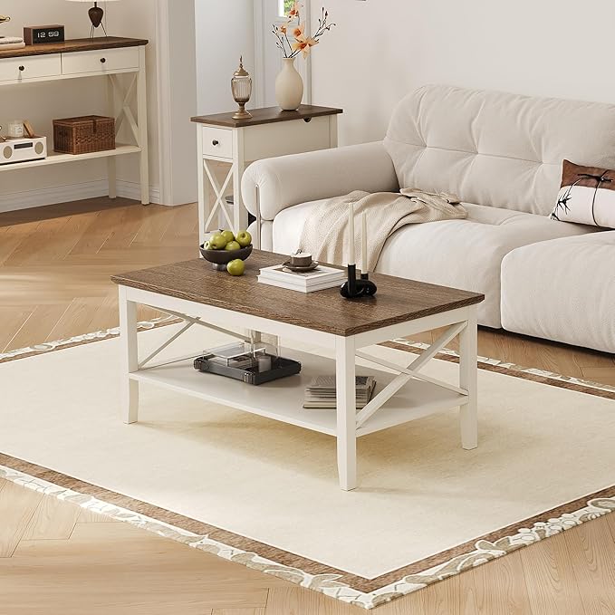 ChooChoo Farmhouse Coffee Table, Wooden Coffee Tables with Thicker Legs, White Coffee Table with Storage for Living Room