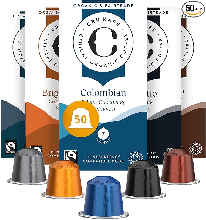 CRU Kafe Discovery Set Organic Coffee Pod, 50 Pods (5 Packs of 10 Coffee Capsules) Compatible with Nespresso OriginalLine