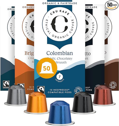 CRU Kafe Discovery Set Organic Coffee Pod, 50 Pods (5 Packs of 10 Coffee Capsules) Compatible with Nespresso OriginalLine