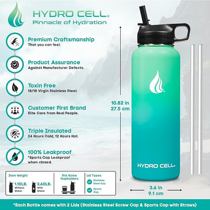HYDRO CELL Stainless Steel Insulated Water Bottle with Straw - For Cold & Hot Drinks - Metal Vacuum Flask with Screw Cap and Modern Leakproof Sport Thermos for Adults (Mint/Green 40oz)