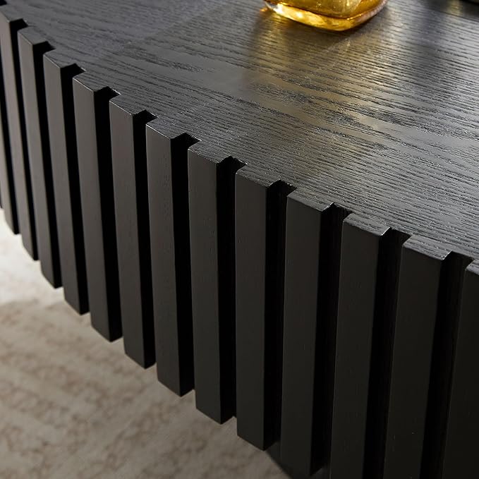 43.7 Inch Oval Drum Coffee Table, Modern Handcraft Fluted Drum Coffee Table, Wooden Round Coffee Table Center Table with Sturdy Pedestal for Living Room Apartment (Black)