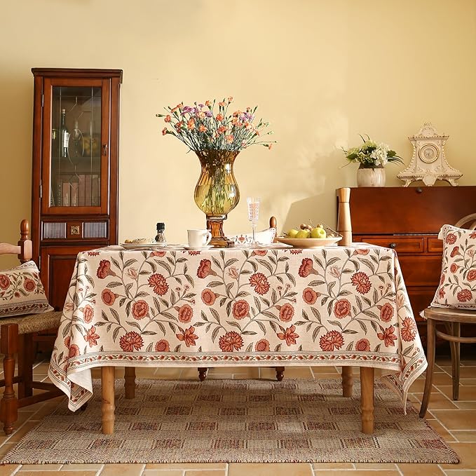 Designer French Small Rectangle Tablecloth,Linen Orange Floral Pattern Indoor Table Cloth,Wrinkle Resistant Decor Table Cloth for Dining Thanksgiving Kitchen Party,55"*71"-Alvarado D