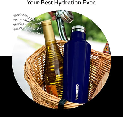 Corkcicle Insulated Water Bottle Thermos, Leakproof, Triple Insulated Stainless Steel, Easy Grip Flat Sides and Screw-on Cap, Cold for 25 Hours or Warm for 12 Hours, 25 oz, Black