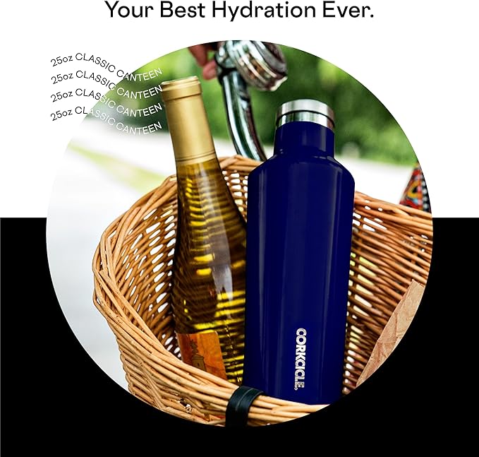 Corkcicle Insulated Water Bottle Thermos, Leakproof, Triple Insulated Stainless Steel, Easy Grip Flat Sides and Screw-on Cap, Cold for 25 Hours or Warm for 12 Hours, 25 oz, Black