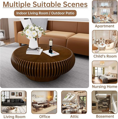 Round Coffee Table 31.4" Modern Brown Fluted Coffee Table Low Walnut Round Drum Pedestal Coffee Tables for Living Room Farmhouse (Walnut 31.4in)