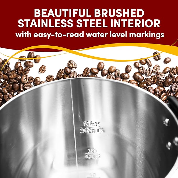 Elite Gourmet CCM-035# Maxi-Matic 30 Cup Stainless Steel Coffee Urn Removable Filter For Easy Cleanup, Two Way Dispenser with Cool-Touch Handles Electric Coffee Maker Urn, Stainless Steel