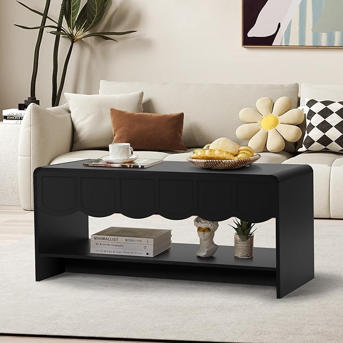 Lift Top Coffee Table with Hidden Compartment, 2 Tier Wooden Center Table with Wave Panel, Modern Lift Tabletop for Home Living Room Office, Black