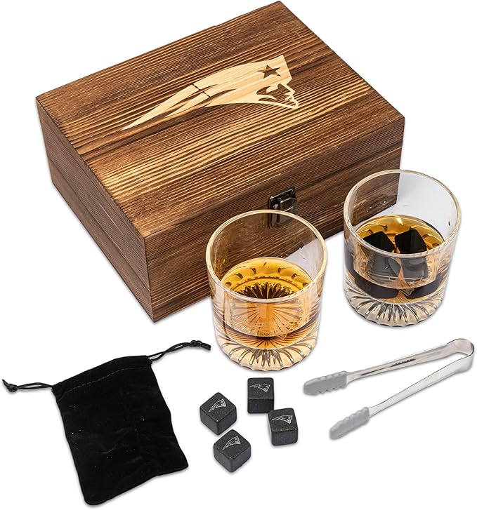 The Memory Company Officially Licensed NFL Wood Boxed Drinkware Set, with 2 Rocks Glasses and Cooling Cubes, New England Patriots