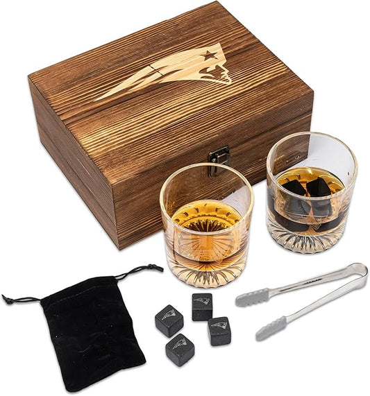 The Memory Company Officially Licensed NFL Wood Boxed Drinkware Set, with 2 Rocks Glasses and Cooling Cubes, New England Patriots