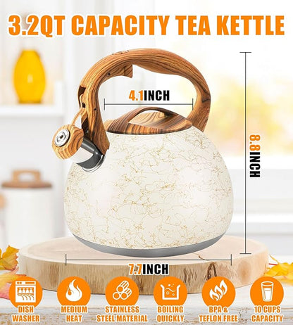 3.2 Quart Whistling Tea Kettle Stovetop, Stainless Steel Tea pot with Wood Grain Handle, Loud Whistle Kettle for Boiling Water, Coffee & Milk, Easy-Pour Spout Classic Design (Off-white)
