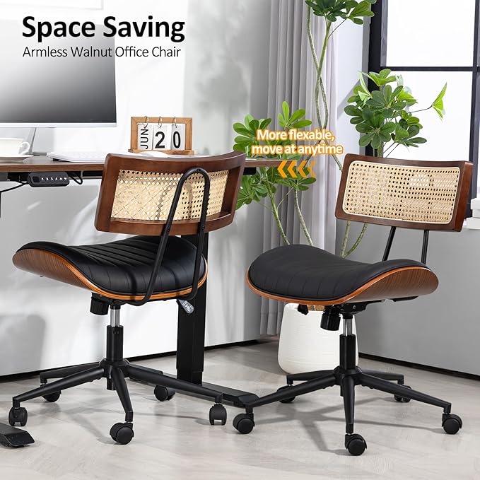 Home Office Chair with Wheels, Adjustable Height Desk Chair with Rattan Backrest, Leather Swivel Computer Chair, Armless Modern Walnut Chair for Office, Meeting Room, Black