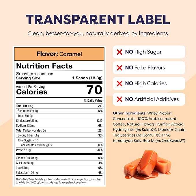 Caramel Protein Iced Coffee - Premium Whey Protein & Instant Iced Coffees - 100% Natural Cold Brew - Zero Artificial Flavors & Sweeteners, 80 mg Caffeine Per Serving, No Added Sugar, 20 Servings