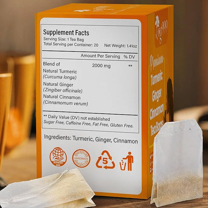 TOG999, Premium 20 Tea Bags Turmeric, Ginger, Cinnamon, 100% Natural, Hand-made Blend of Turmeric, Ginger, and Cinnamon Herbal Tea. Eco-conscious Tea Bags. No Sugar, No Caffeine, No Gluten, Vegan.