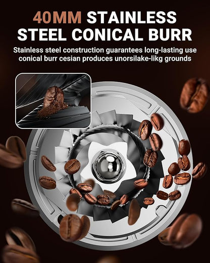 AMZCHEF Coffee Grinder, Burr Coffee Bean Grinder for Home Use with 48 Precise Grind Settings, Detachable Funnel Stand for Espresso, LED Control Panel, Anti-static Design, silver