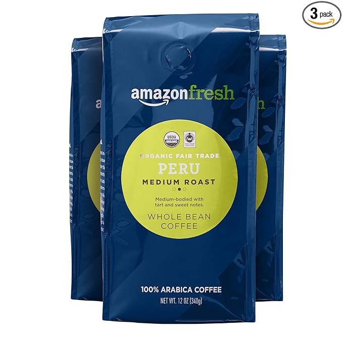 Amazon Fresh Organic Fair Trade Peru Whole Bean Coffee, Medium Roast, 12 Ounce (Pack of 3)