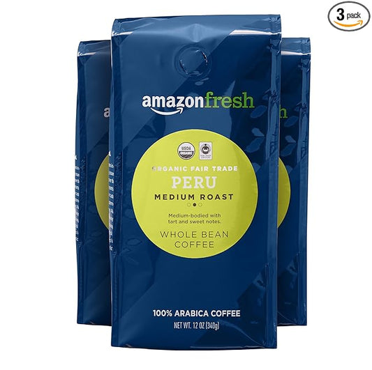 Amazon Fresh Organic Fair Trade Peru Whole Bean Coffee, Medium Roast, 12 Ounce (Pack of 3)