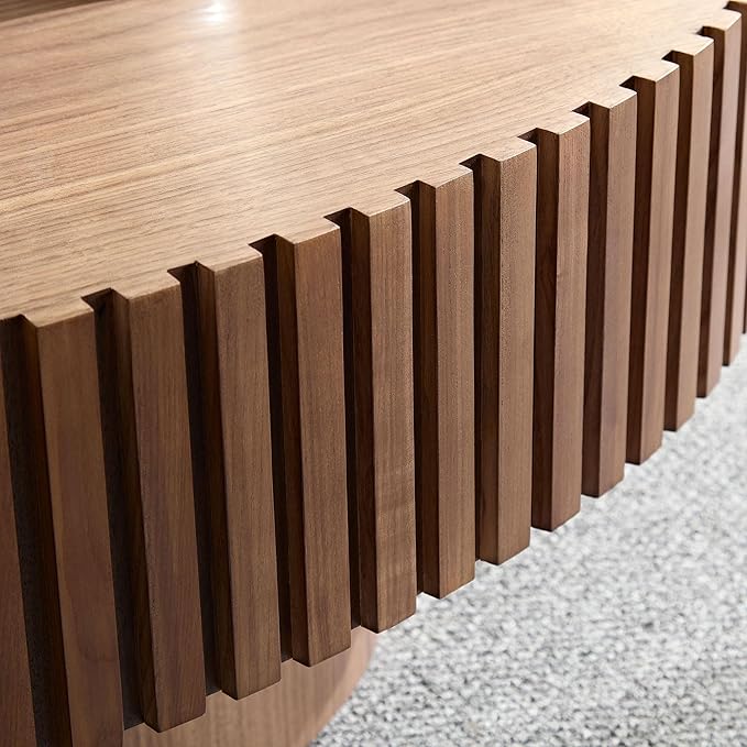 43.7 Inch Oval Drum Coffee Table, Modern Handcraft Fluted Drum Coffee Table, Wooden Round Coffee Table Center Table with Sturdy Pedestal for Living Room Apartment (Walnut)