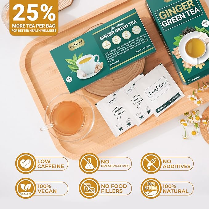 LeafLea Ginger Green Tea, 40 Individually Wrapped Tea Bags of Soothing Green Tea Blend with Natural Ginger Root, Sweetened with Stevia, Supports Digestion and Immunity, Low Caffeine, Sugar-Free