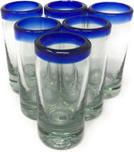 Load image into Gallery viewer, Hand Blown Mexican Tequila Shot Glasses – Set of 6 Cobalt Blue Rim Tequila Shot Glasses (2 oz each)