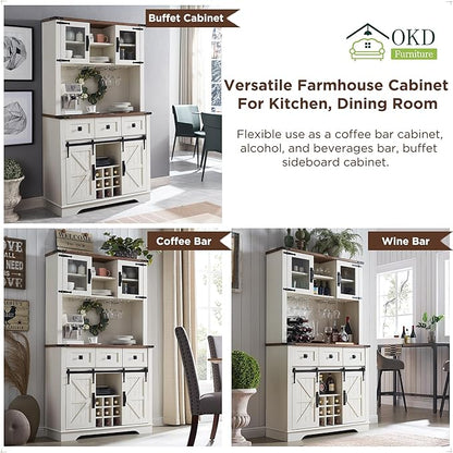 OKD 72" Farmhosue Bar Cabinet with Sliding Barn Door, Large Kitchen Buffet with Hutch w/Wine & Glasses Rack, 3 Drawers, 12 Storage Shelves, Rustic Coffee Bar Sideboard Table, Antique White