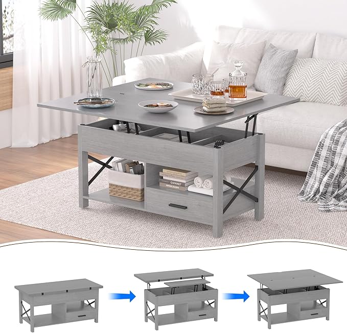 Lift Top Coffee Table with Storage, Grey Lift Top Coffee Table with Drawers and Hidden Compartment, Multi-Functional Center Table, Lift Tabletop Dining Center Table for Home Living Room Office