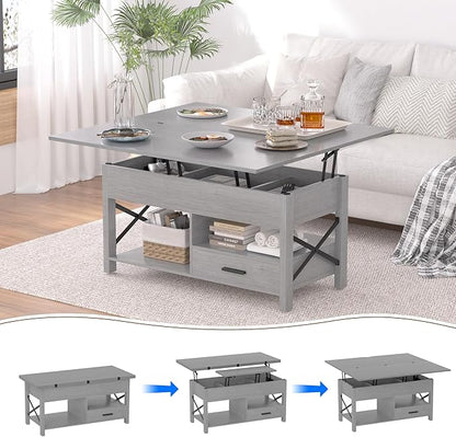 Lift Top Coffee Table with Storage, Grey Lift Top Coffee Table with Drawers and Hidden Compartment, Multi-Functional Center Table, Lift Tabletop Dining Center Table for Home Living Room Office