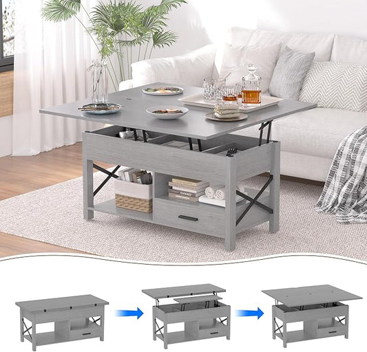Lift Top Coffee Table with Storage, Grey Lift Top Coffee Table with Drawers and Hidden Compartment, Multi-Functional Center Table, Lift Tabletop Dining Center Table for Home Living Room Office
