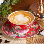 Load image into Gallery viewer, KAMMAK Ceramic Coffee Cups and Saucers Set of 2, Porcelain Espresso Cups with Saucers, 5.64 oz Handcrafted Ceramic Floral Coffee and Tea Cup, Vintage Drinkware for Tea Party, Office, Women Gifts